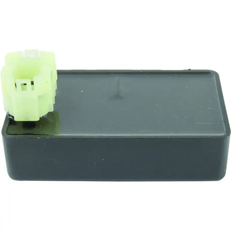 Black rectangular electronic component with a green connector.