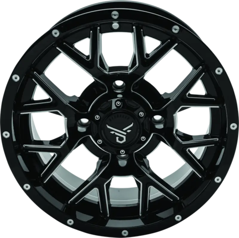 Black and silver aftermarket wheel for QuadBoss Barbwire 14x7 quadboss barbwire 14x7
