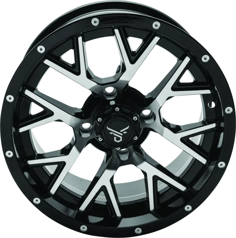 Black machined split-spoke wheel from QuadBoss Barbwire 14x7 series for off-road rides