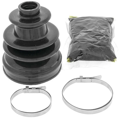 Black rubber quadboss cv boot with grease and metal clamps for ATV models, part of boot kit