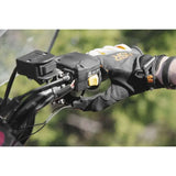 Motorcycle handlebar with gloved hand using QuadBoss Heated Grips with thumb warmer
