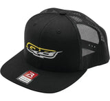 Black flat-bill trucker hat featuring the quadboss logo flatbill design