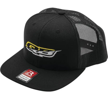 Black flat-bill trucker hat featuring the quadboss logo flatbill design