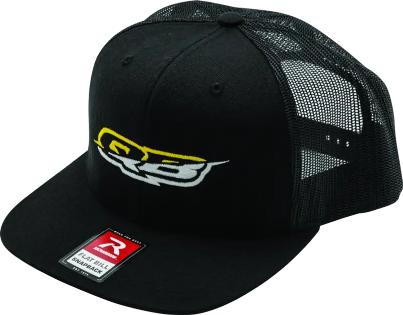 Black flatbill snapback trucker hat with Quadboss logo, perfect for logo flatbill style
