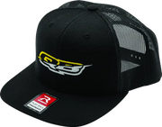 Black flatbill snapback trucker hat with Quadboss logo, perfect for logo flatbill style