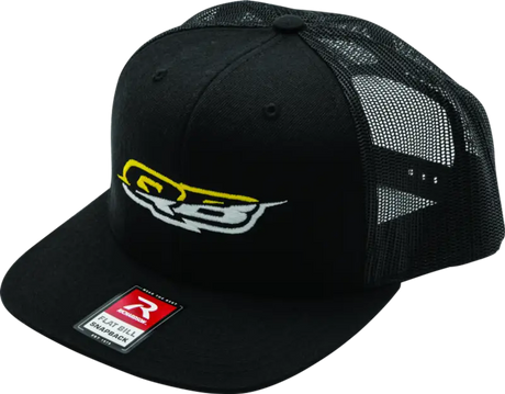 Black flatbill snapback trucker hat with Quadboss logo, perfect for logo flatbill style