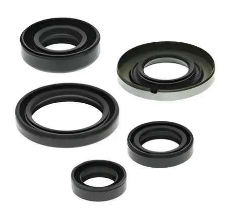Assorted black rubber oil seals from QuadBoss Oil Seal Set for reliable oil sealing