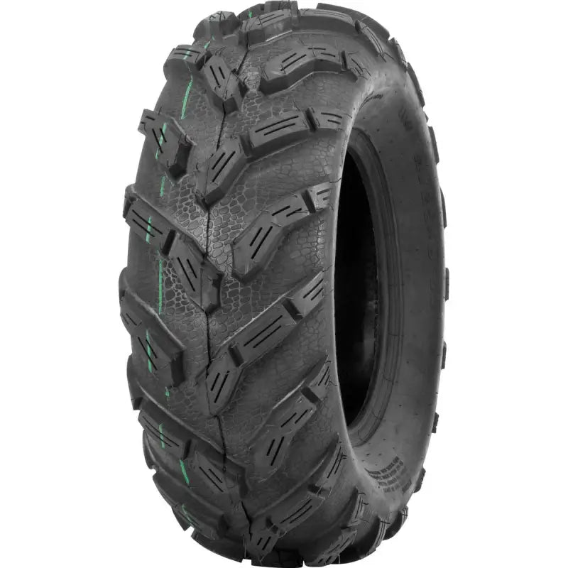 Black ATV tire with aggressive tread on QuadBoss Qb 20 Year Tee Blk/Ylw Lg