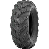 Black ATV tire with aggressive tread on QuadBoss Qb 20 Year Tee Blk/Ylw Lg