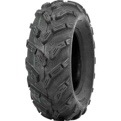 Black ATV tire with aggressive tread on QuadBoss Qb 20 Year Tee Blk/Ylw Lg