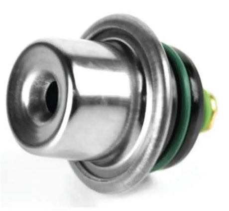 Shiny metal QuadBoss Qb Fuel Pressure Regulator with green and black seals for fuel pressure control