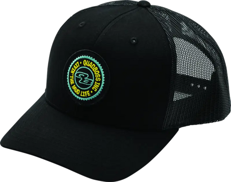 Black trucker hat with quadboss qb logo for outdoor activities, part of logo tee collection