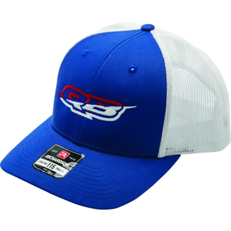 Blue and white trucker hat from QuadBoss QB Merica Tee in small size