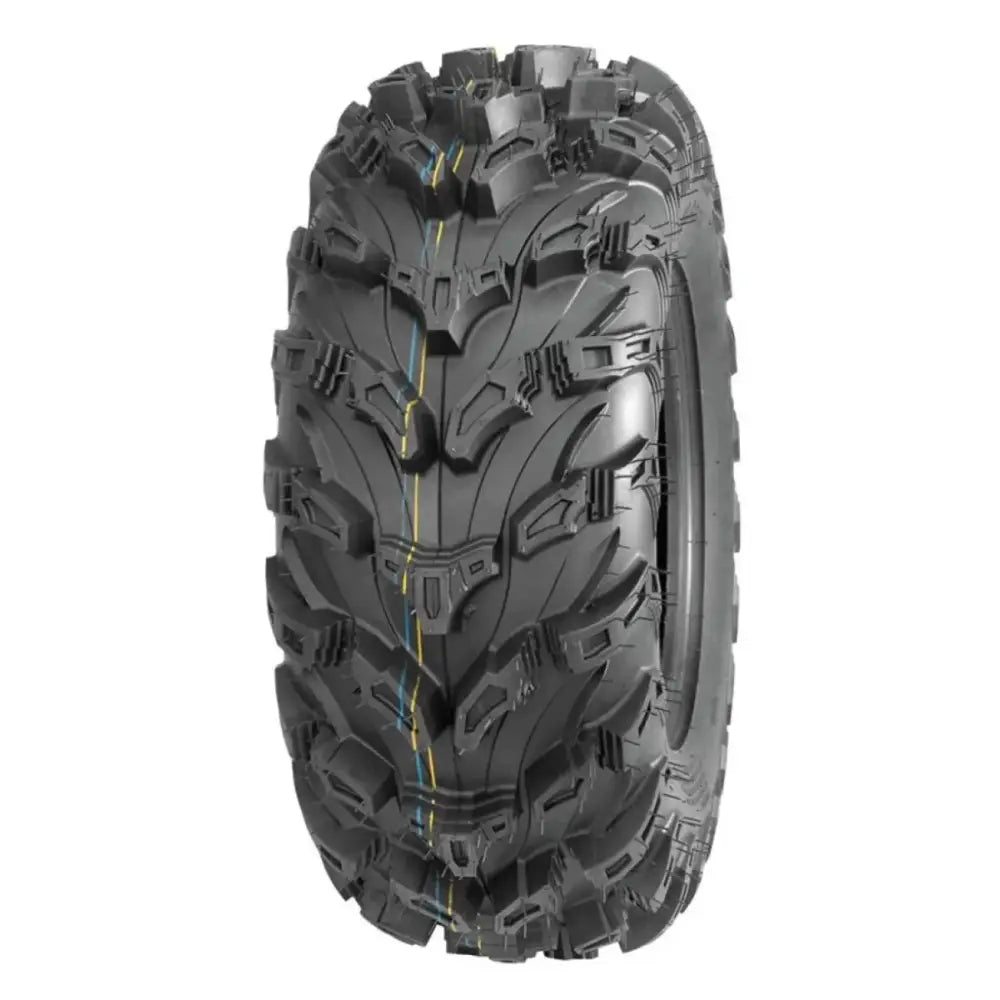 QuadBoss QBT672 radial mud tire with black rubber, aggressive tread and yellow siping