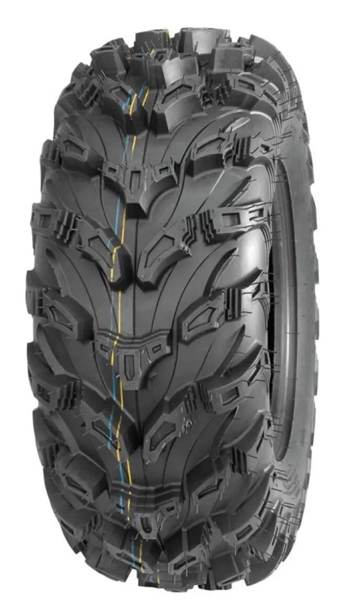 QuadBoss QBT672 radial mud tire with black rubber, aggressive tread and yellow siping
