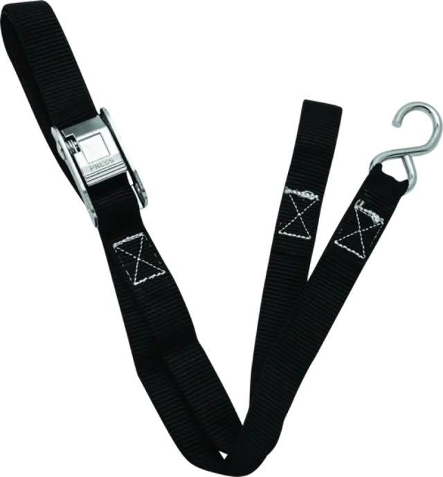 Black quadboss quadlite ramp strap with metal buckle and hook for secure transport