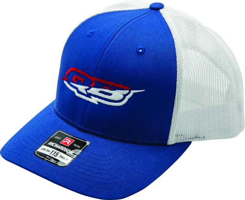 Blue and white trucker hat from Quadboss Red White Merica Hat collection