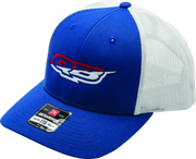 Blue and white trucker hat from Quadboss Red White Merica collection, perfect for Americana fans