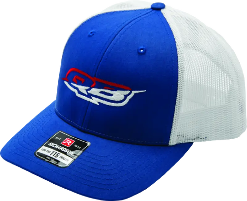 Blue and white trucker hat from Quadboss Red White Merica collection, perfect for Americana fans