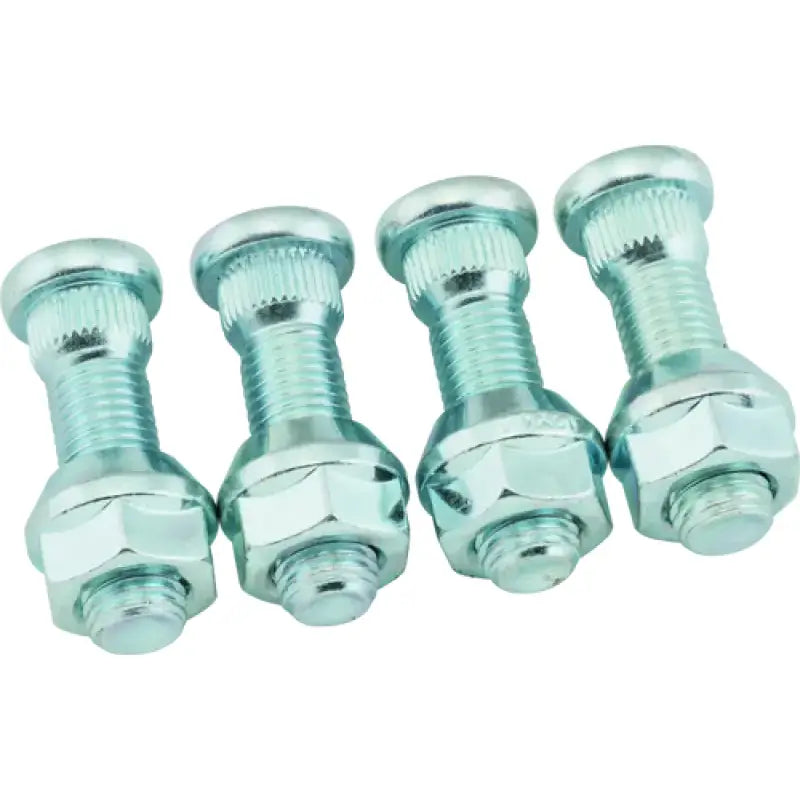 Four silver QuadBoss replacement lug bolts with nuts for M12x1.5 applications