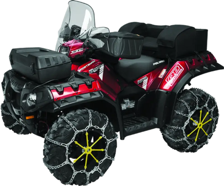 Red All-Terrain Vehicle with Snow Chains on QuadBoss Tire Chain Large 563556