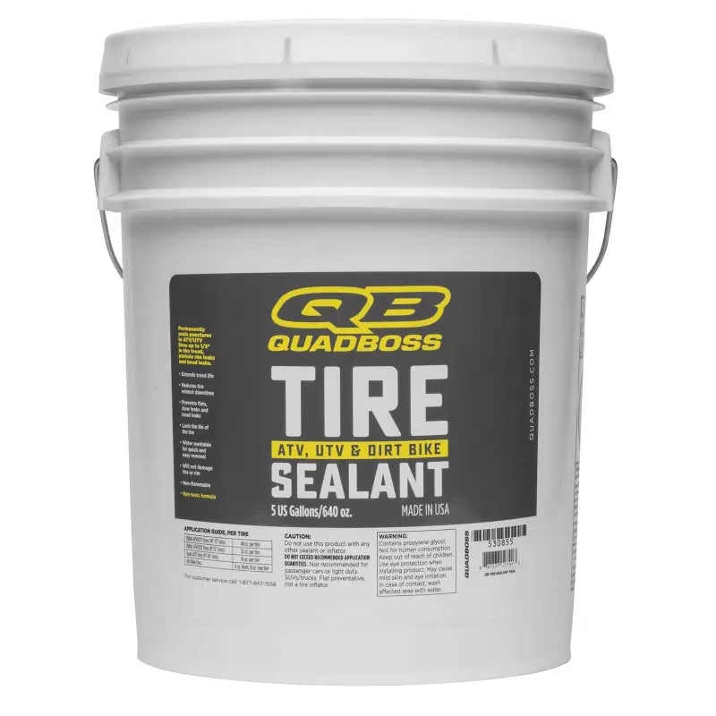 QuadBoss Tire Seal 5gal - 530855 container designed for ATV, UTV, and dirt bike tire protection and leak prevention.