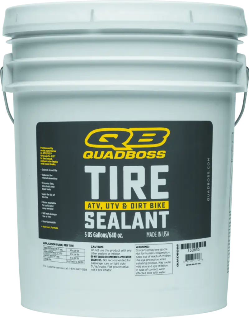 QuadBoss Tire Seal 5gal container for ATV, UTV, and dirt bike tire protection.