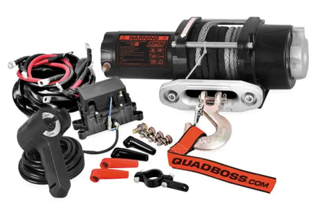 QuadBoss Winch 2500Lb with synthetic rope, hook, remote, and wiring for easy setup