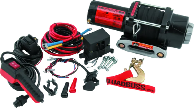 QuadBoss Winch 2500Lb with synthetic rope and accessories for tough recovery jobs