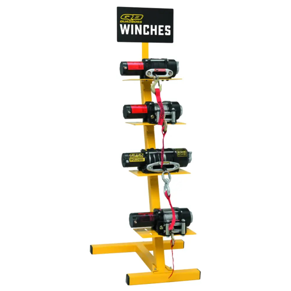 Yellow QuadBoss Winch Display showcasing various QuadBoss winches for quick access