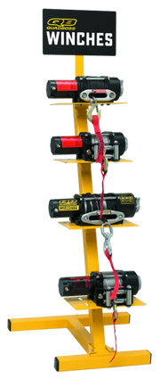 Yellow QuadBoss Winch Display showcasing various QuadBoss winches for quick access