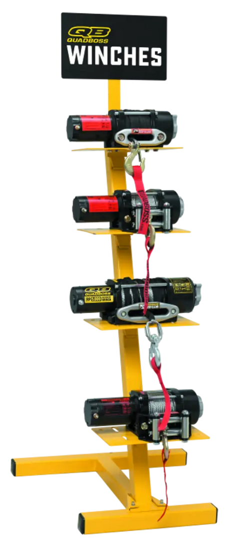 Yellow QuadBoss Winch Display showcasing various QuadBoss winches for quick access