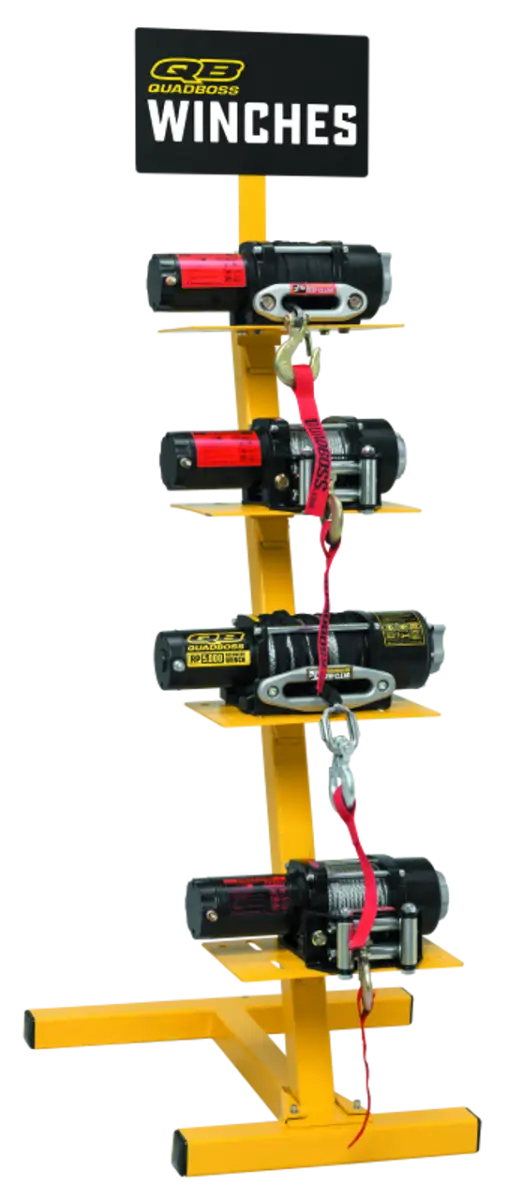 Yellow QuadBoss Winch Display showcasing various QuadBoss winches for quick access