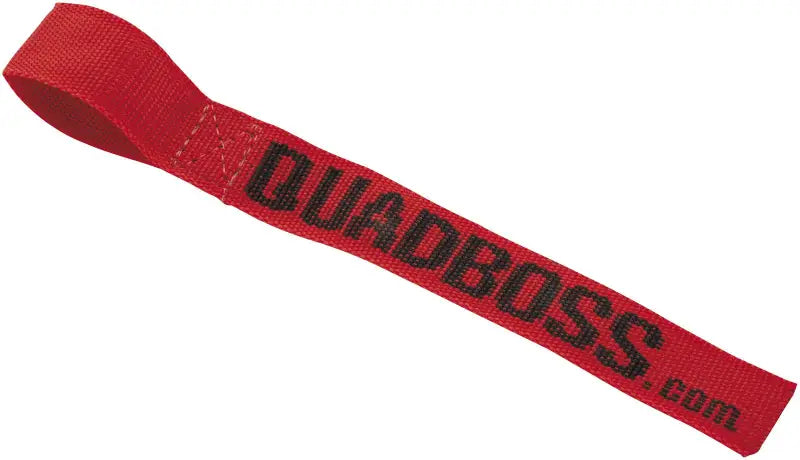 Red fabric loop with black lettering on QuadBoss Winch Hook Pull Strap for winch hook use