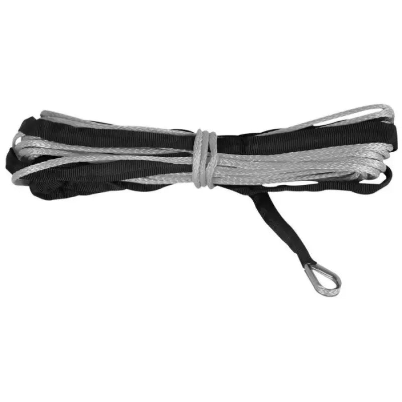 Coiled black and gray QuadBoss Winch Synthetic Rope with metal loop for winching tasks