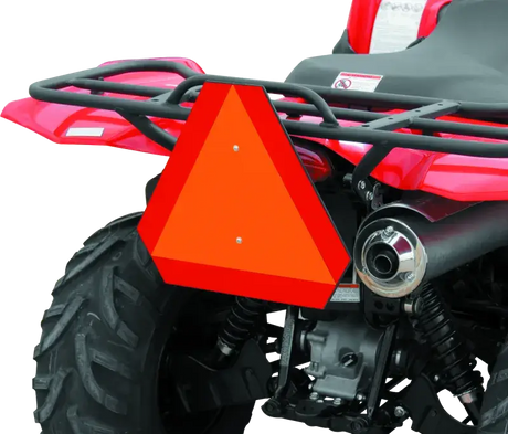 Orange reflective triangle on ATV for added quadoss atv safety with the Quadoss ATV Safety Emblem