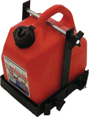 Red plastic fuel can secured in black metal cargo rack bracket for RV parts & accessories