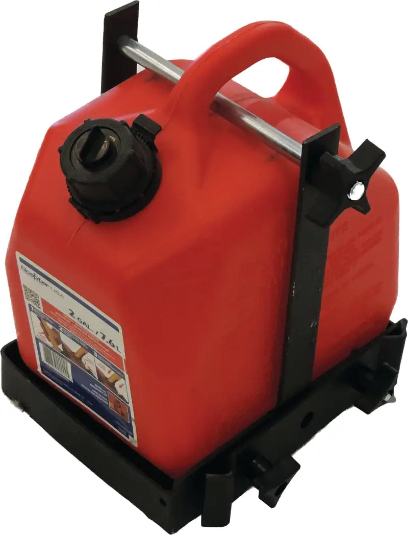 Red plastic fuel can secured in black metal cargo rack bracket for RV parts & accessories