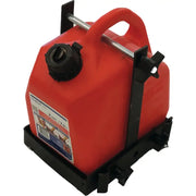 Red plastic fuel can secured in black metal cargo rack bracket for RV parts & accessories