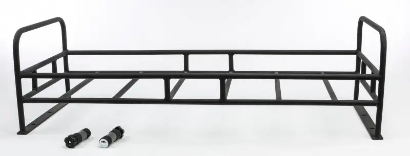 Black metal cargo rack bed with two small cylindrical flashlights for R-500 Cargo Rack