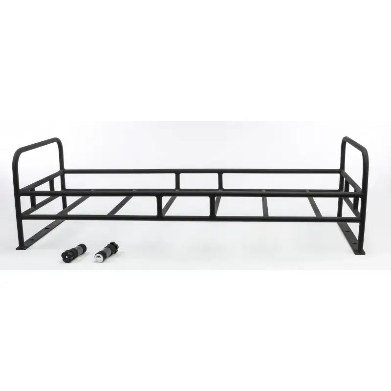 Black metal cargo rack bed with two small cylindrical flashlights for R-500 Cargo Rack