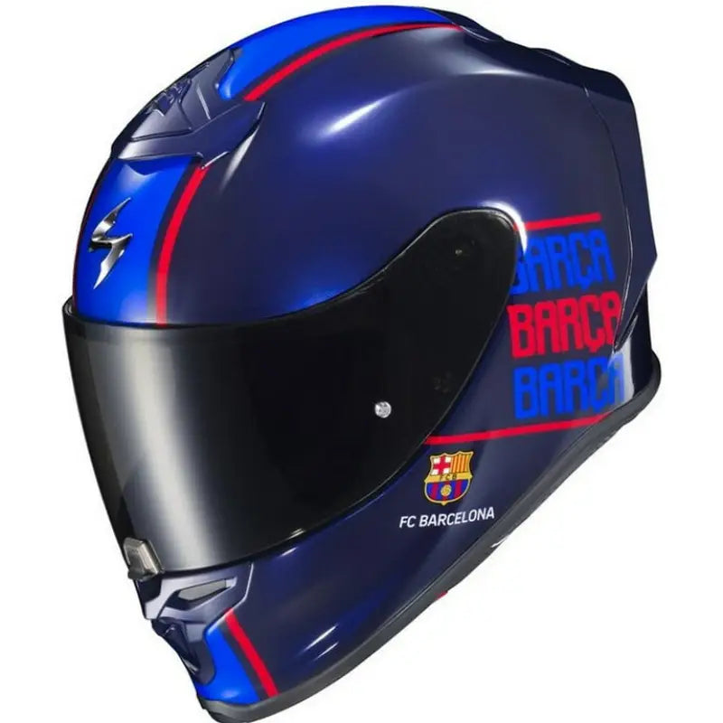 Blue motorcycle helmet with Barcelona design, cheek pads, exo-r1 air tech, face shield