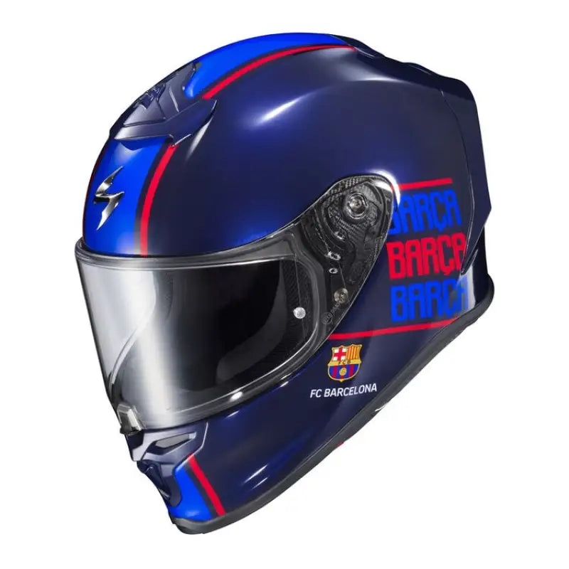 Blue FC Barcelona motorcycle helmet with face shield and comfy cheek pads in exo-r1 air style