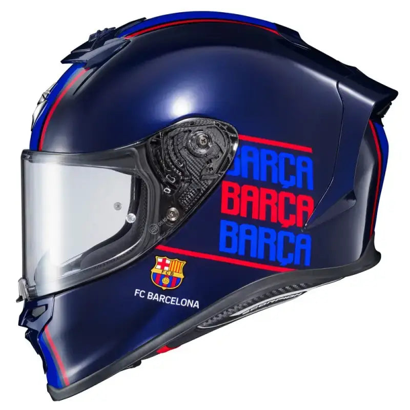 Blue FC Barcelona motorcycle helmet with cheek pads and exo-r1 air face shield