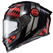 Black gray motorcycle helmet with red checkered pattern, FC Bayern München logo, cheek pads, exo-r1 air, and face shield
