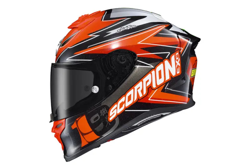 Orange and black R1-3035 Scorpion Exo Exo-R1 Air helmet with face shield and cheek pads