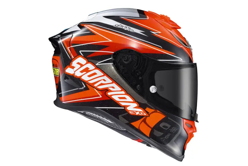Orange and black Scorpion Exo-R1 Air full face helmet with cheek pads and face shield