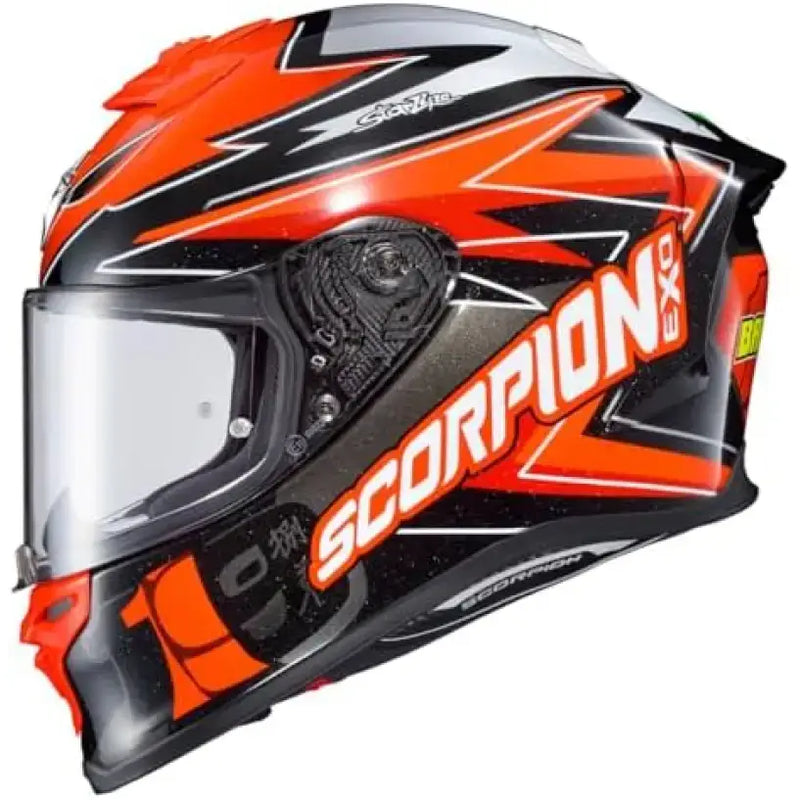 Orange and black Scorpion Exo R1 Air helmet with face shield and cheek pads
