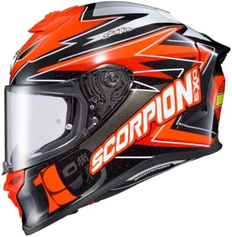 Orange and black Scorpion Exo R1 Air helmet with face shield and cheek pads