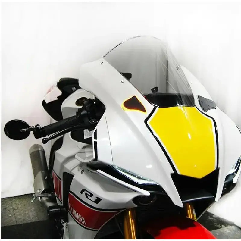 White and yellow Yamaha R1 motorcycle with R1-MBO-20 Mirror Block Off Turn Signals Yam